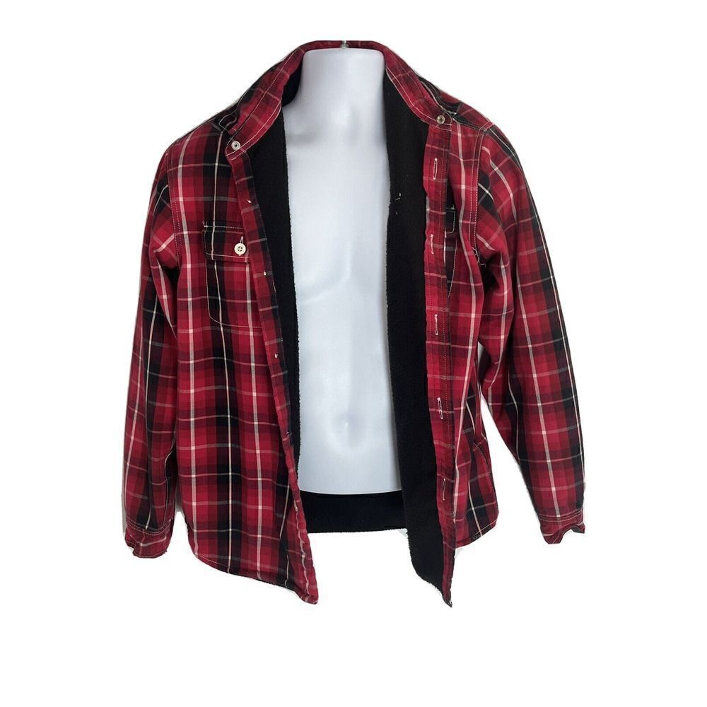 Stussy Mens Red Plaid Flannel Shirt Shacket Size Medium Button Fleece Lined